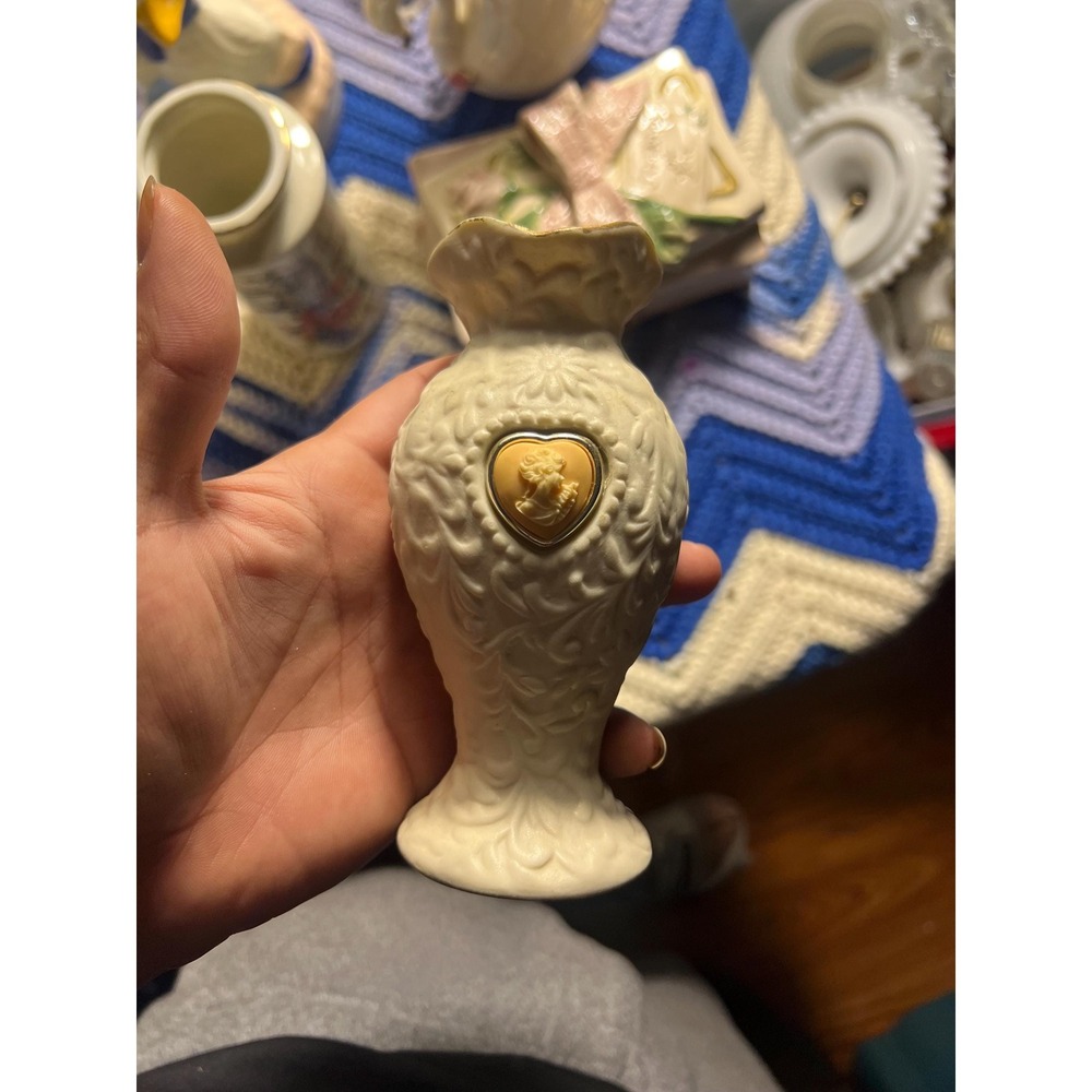 Wallace Porcelain Victorian Cameo Heart Vase Embossed White Ceramic Vintage